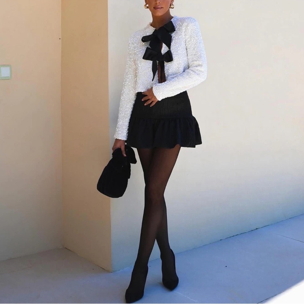 H&M Ivory Sparkling Sequin Tie Front Jacket with Black Bows-S - Picture 4 of 16